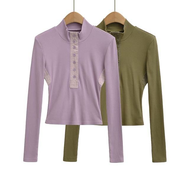 Ulark-Long-Sleeve Mock Neck Plain Crop Tee