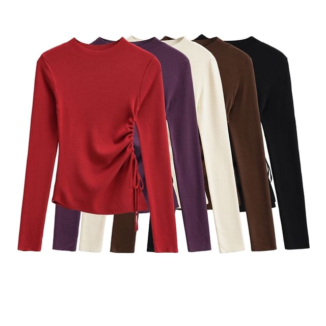 Ulark-Long Sleeve Mock Neck Plain Drawstring Knit Top