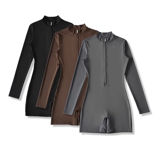 Ulark-Long Sleeve Mock Neck Plain Half Zip Romper