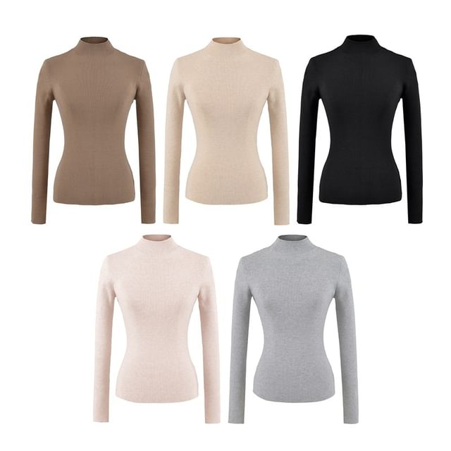 Ulark-Long Sleeve Mock Neck Plain Ribbed Knit Top
