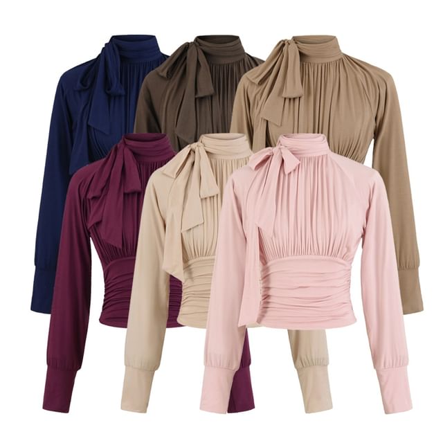 Ulark-Long-Sleeve Mock Neck Plain Ruched Blouse