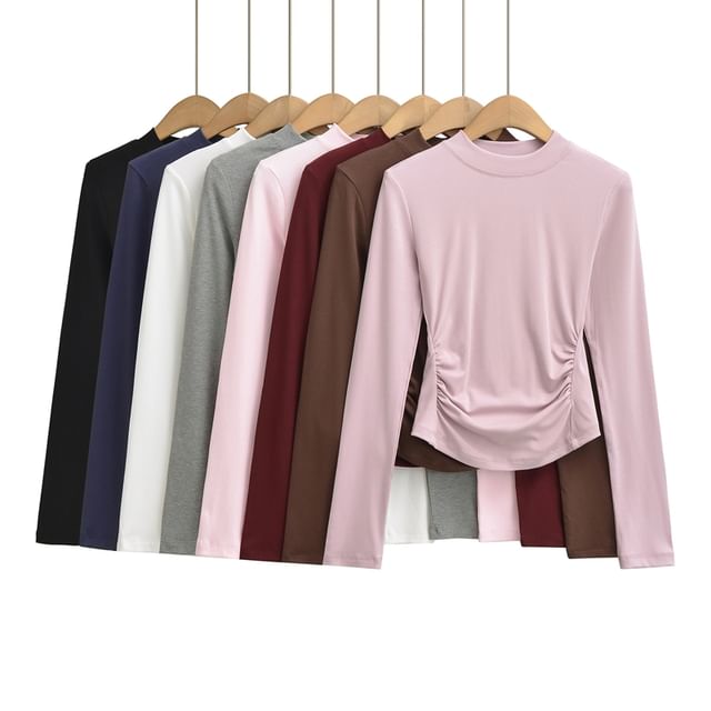 Ulark-Long Sleeve Mock Neck Plain Ruched T-Shirt