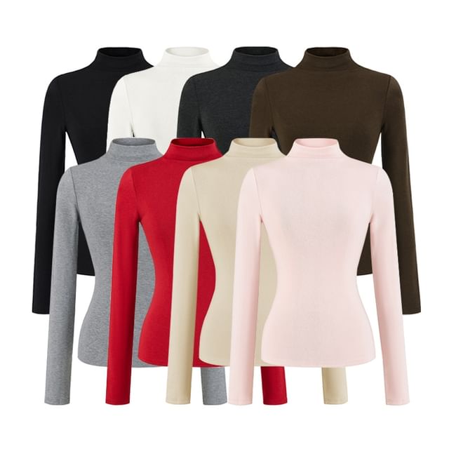 Ulark-Long-Sleeve Mock Neck Plain T-Shirt