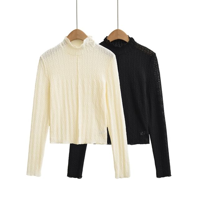 Ulark-Long-Sleeve Mock Neck Textured Plain Shirt