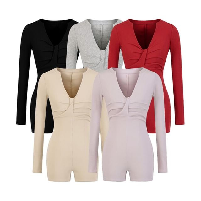 Ulark-Long-Sleeve Notch Neck Plain Ruched Romper