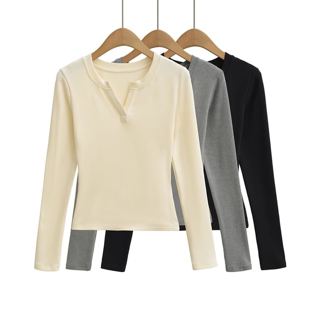 Ulark-Long-Sleeve Notch Neck Plain Tee