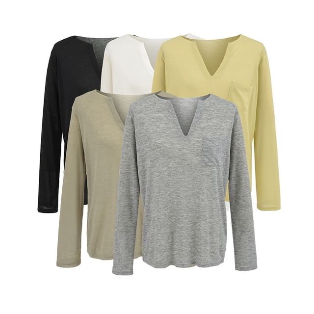 Ulark-Long-Sleeve Notch Neck Plain Tee