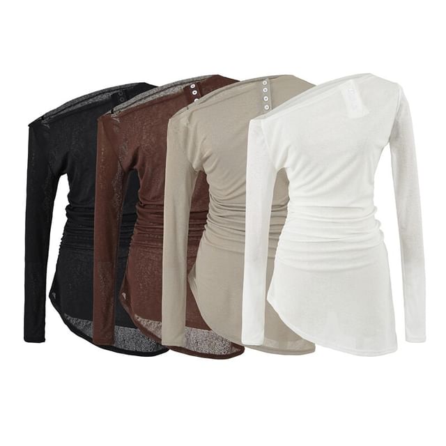 Ulark-Long-Sleeve Off Shoulder Henley Asymmetrical Plain Top