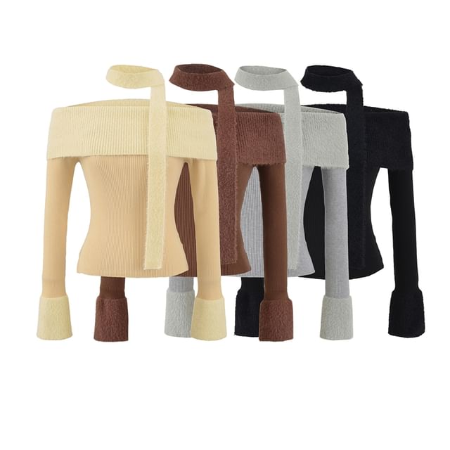 Ulark-Long-Sleeve Off Shoulder Plain Crop Knit Top