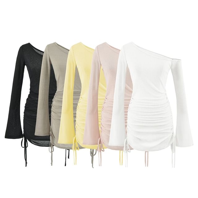 Ulark-Long-Sleeve Off Shoulder Plain Drawstring Mini Bodycon Dress
