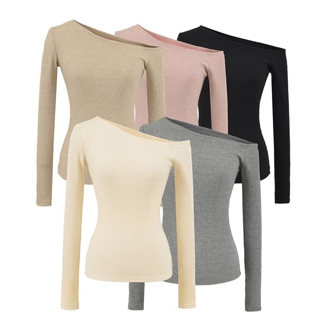 Ulark-Long-Sleeve Off-Shoulder Plain Ribbed Crop Tee