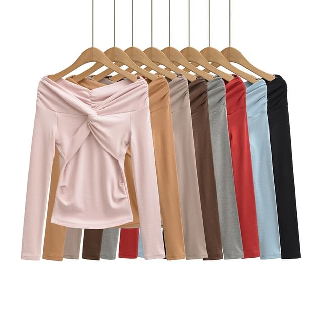 Ulark-Long Sleeve Off Shoulder Plain Ruched Top