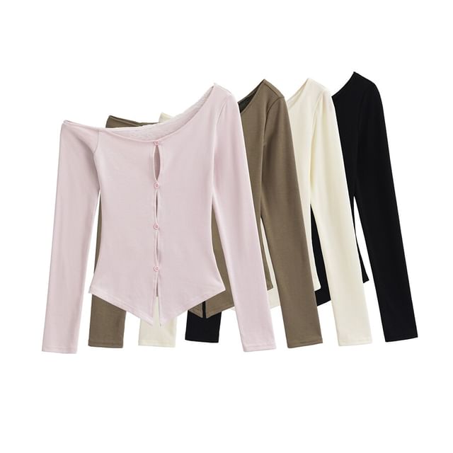 Ulark-Long Sleeve One Shoulder Button Panel Lace Top