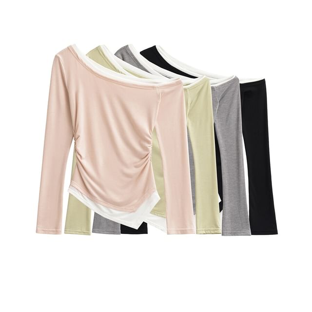 Ulark-Long Sleeve One Shoulder Mock Two Piece Ruched Top