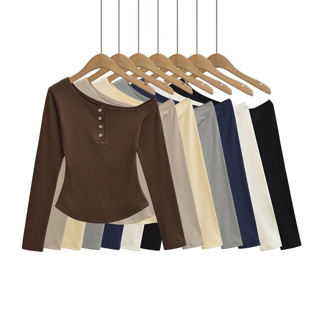 Ulark-Long Sleeve One Shoulder Plain Button Top