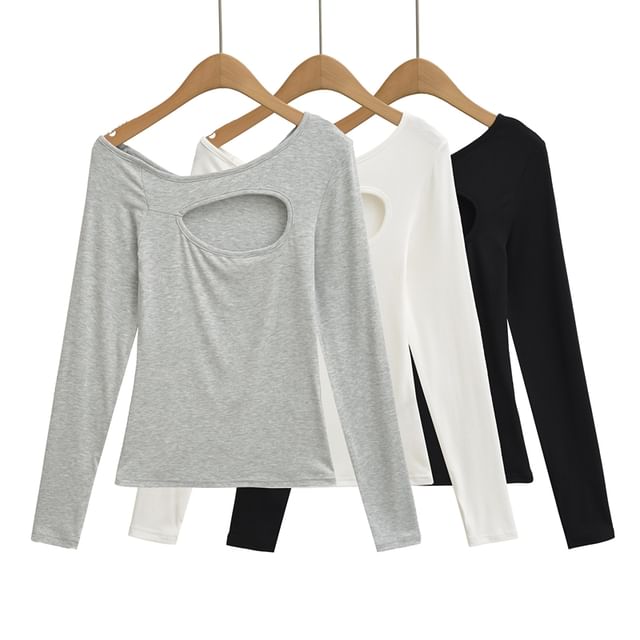 Ulark-Long-Sleeve One-Shoulder Plain Cutout T-Shirt