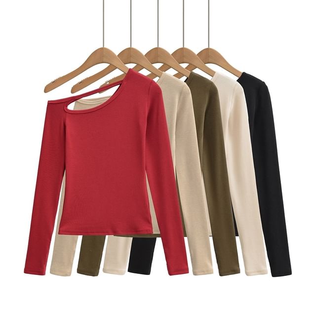 Ulark-Long Sleeve One Shoulder Plain Cutout Top