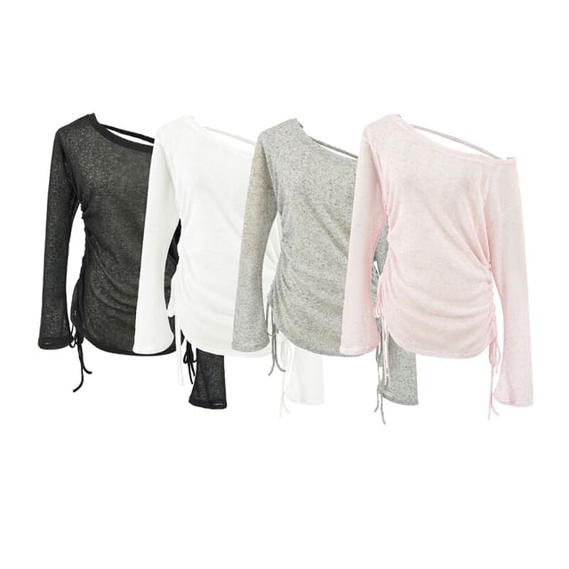 Ulark-Long Sleeve One Shoulder Plain Drawstring Top