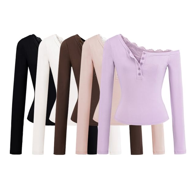 Ulark-Long-Sleeve One-Shoulder Plain Lace Trim Tee