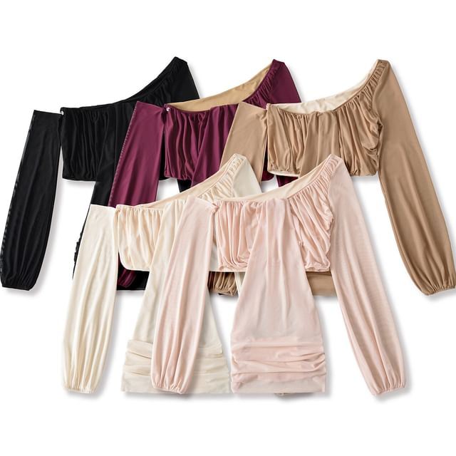 Ulark-Long Sleeve One Shoulder Plain Ruched Mesh Top