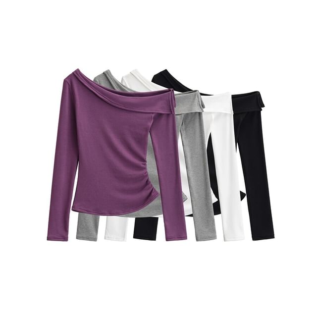 Ulark-Long Sleeve One Shoulder Plain Ruched Top