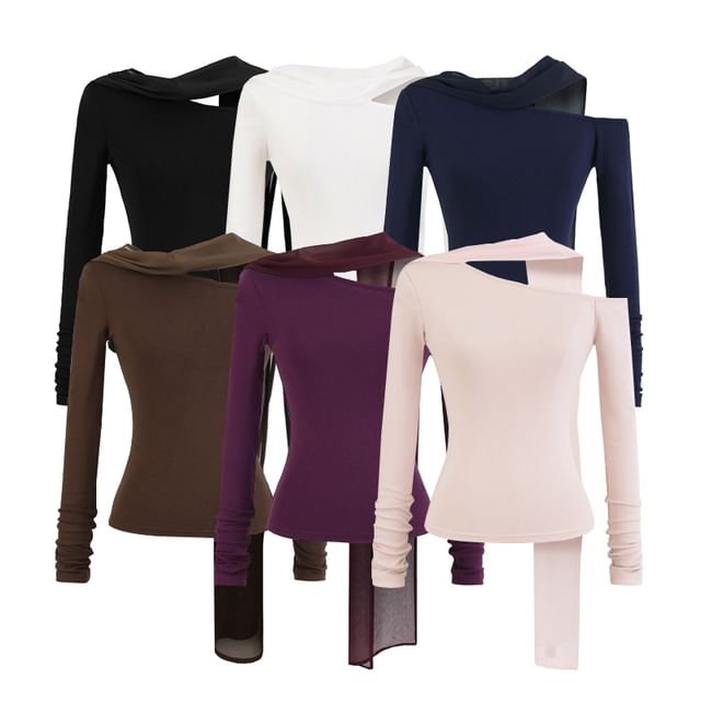 Ulark-Long-Sleeve One-Shoulder Plain Tee