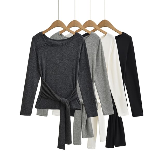 Ulark-Long Sleeve One Shoulder Plain Tie-Waist Top