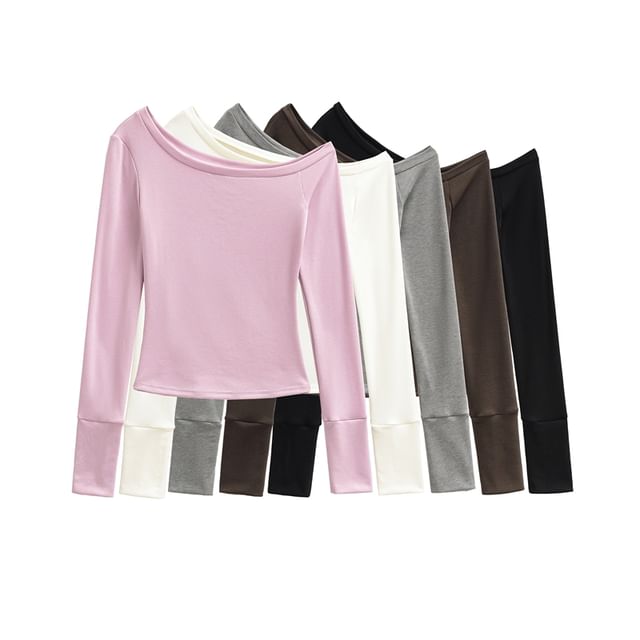Ulark-Long Sleeve One Shoulder Plain Top