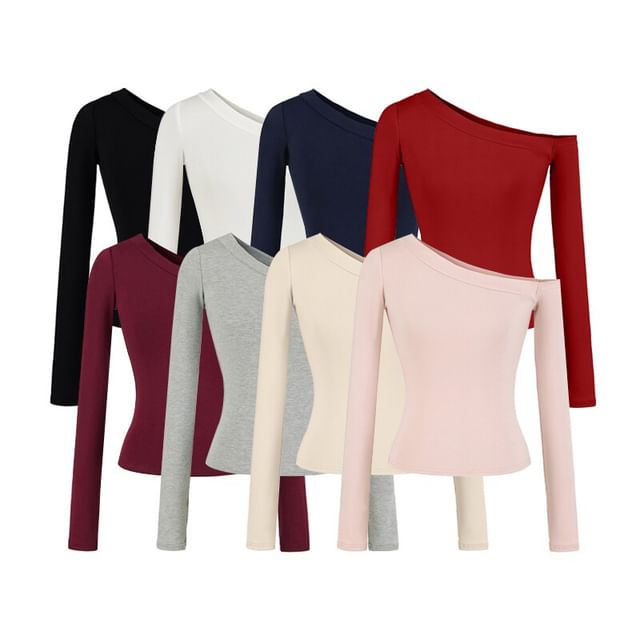 Ulark-Long Sleeve One Shoulder Plain Top