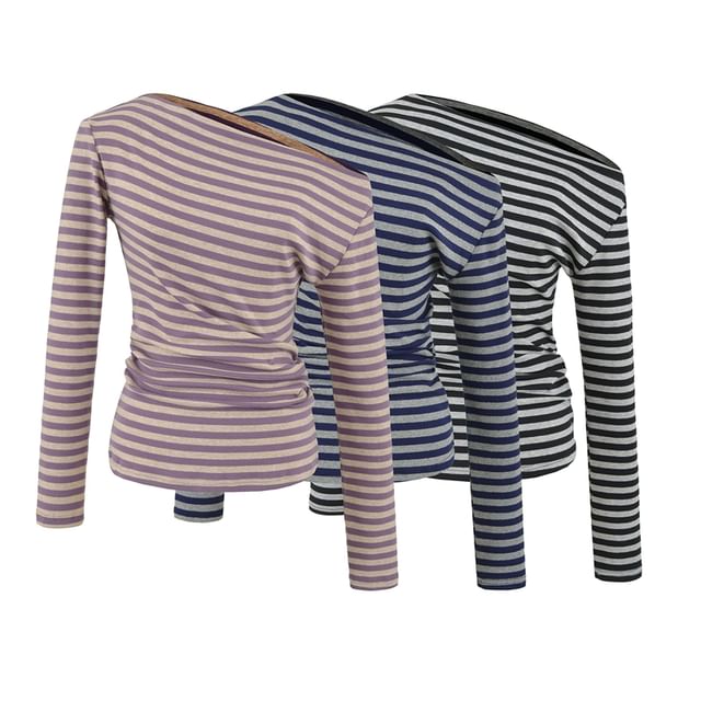 Ulark-Long-Sleeve One-Shoulder Striped Tee