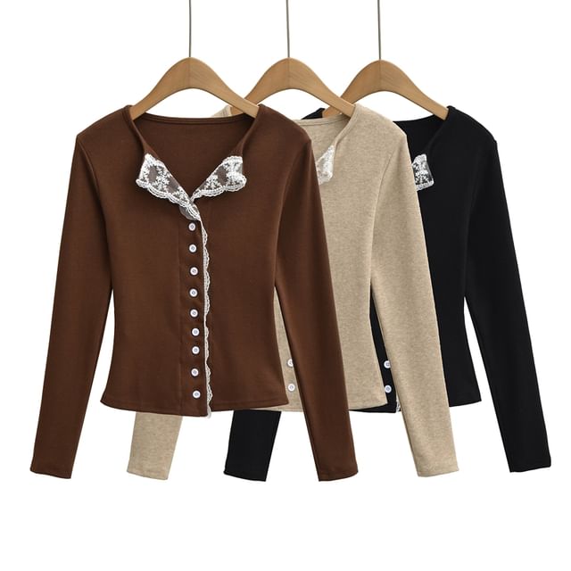 Ulark-Long Sleeve Open Placket Button Panel Lace Top