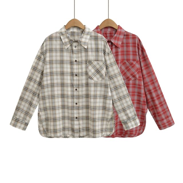 Ulark-Long-Sleeve Plaid Button-Up Slit Shirt