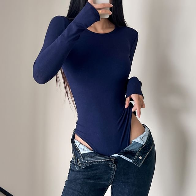 Ulark-Long-Sleeve Plain Bodysuit Top