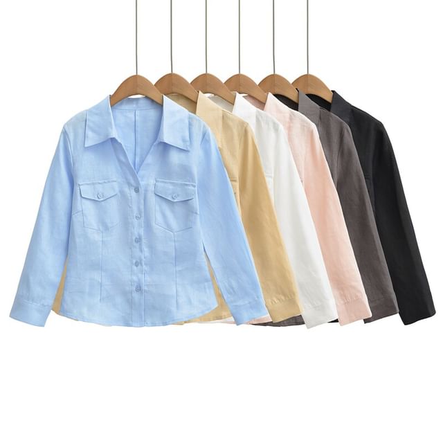 Ulark-Long-Sleeve Plain Button-Up Shirt