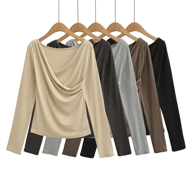 Ulark-Long-Sleeve Plain Ruched T-Shirt