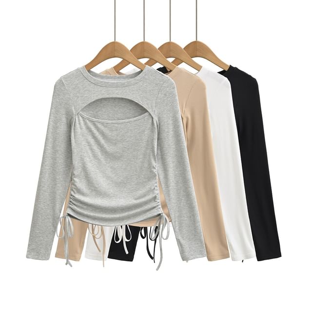 Ulark-Long Sleeve Round Neck Plain Cutout Drawstring Top