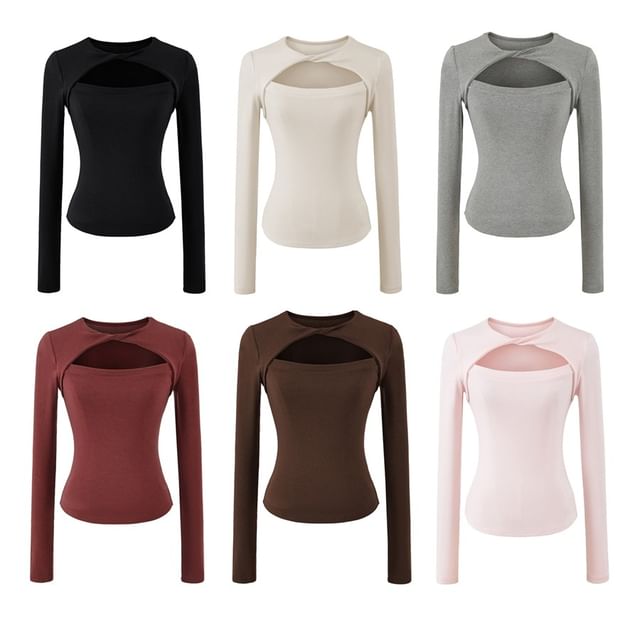 Ulark-Long Sleeve Round Neck Plain Cutout Panel Twist Top