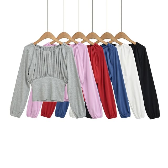 Ulark-Long Sleeve Round Neck Plain Ruched Top