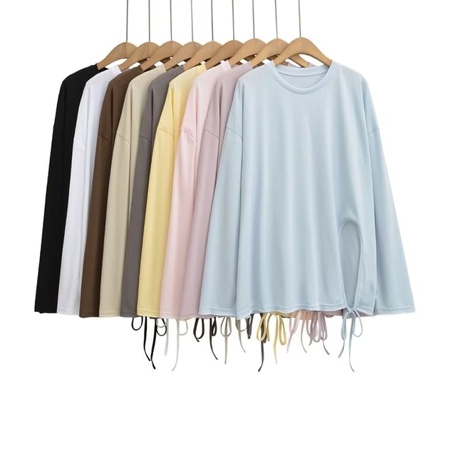 Ulark-Long-Sleeve Round Neck Plain Side-Slit T-Shirt