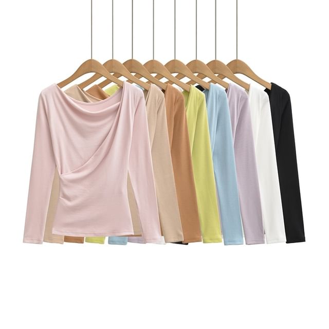 Ulark-Long-Sleeve Round Neck Plain Wrap Crop T-Shirt