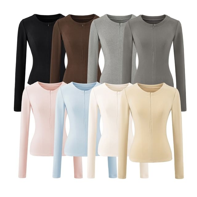 Ulark-Long Sleeve Round Neck Plain Zip Top