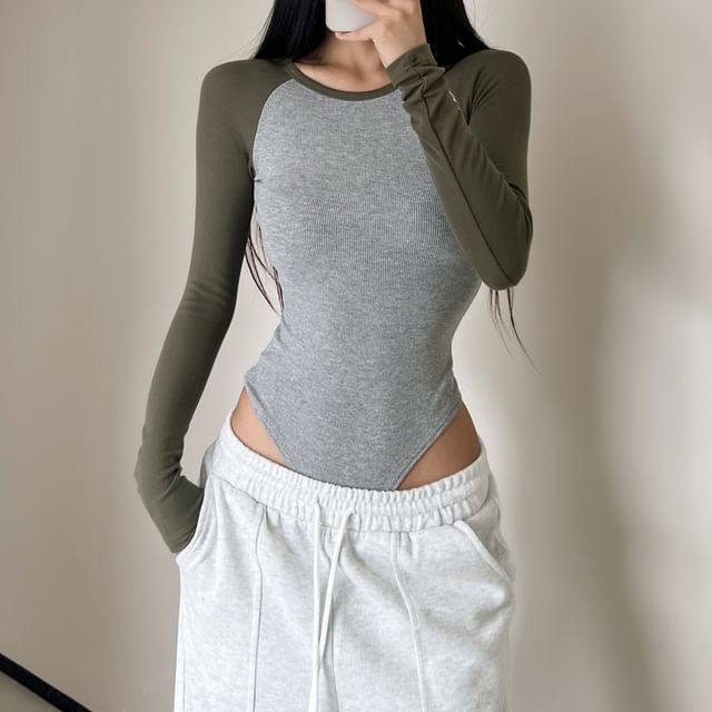 Ulark-Long-Sleeve Round Neck Raglan Bodysuit Top