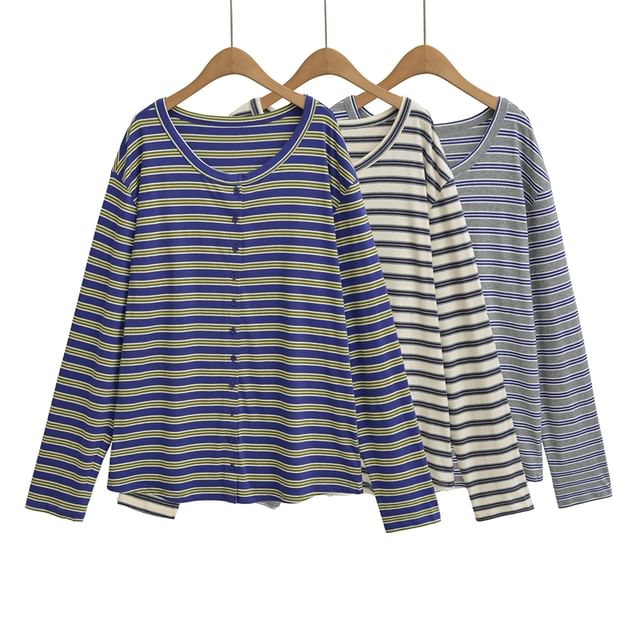 Ulark-Long-Sleeve Round Neck Striped Button T-Shirt