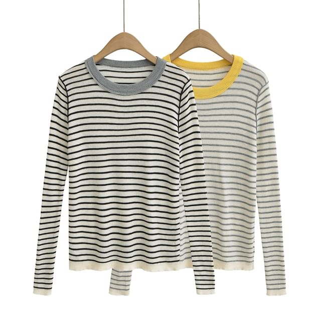 Ulark-Long Sleeve Round Neck Striped Knit Top