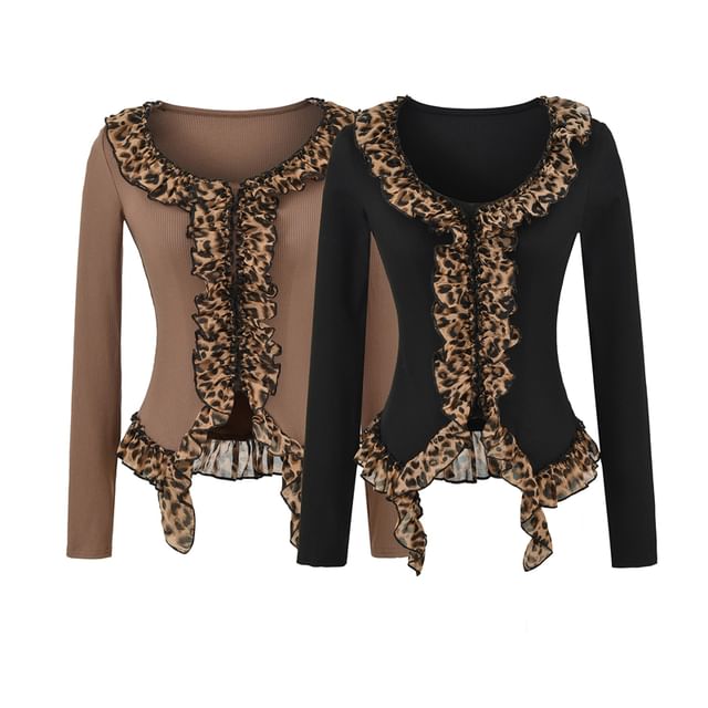 Ulark-Long Sleeve Scoop Neck Leopard Print Ruffle Panel Top