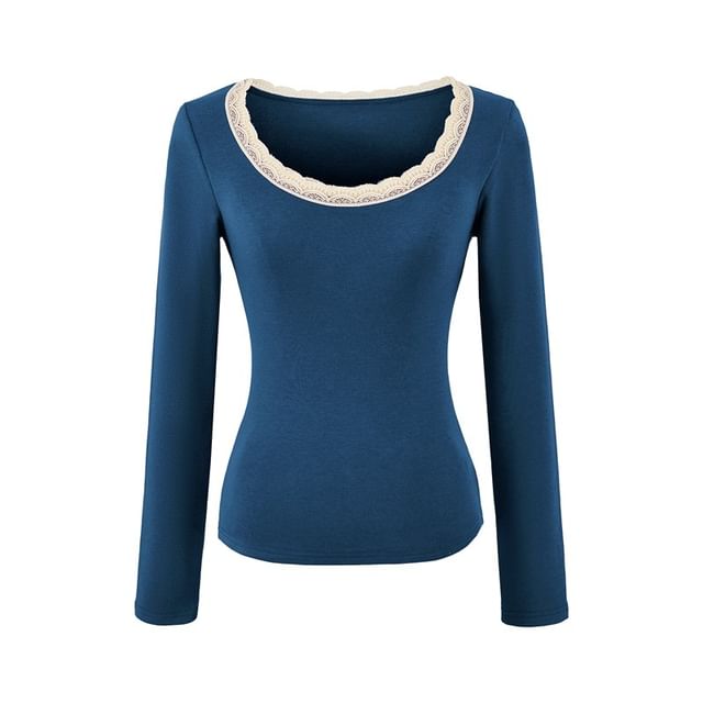 Ulark-Long Sleeve Scoop Neck Panel Lace Top
