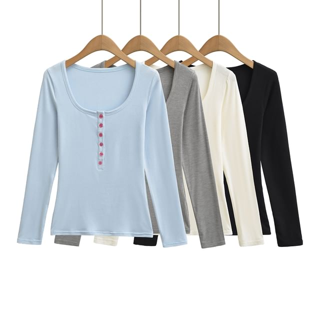 Ulark-Long Sleeve Scoop Neck Plain Button Tee