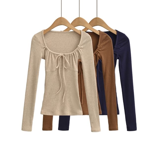 Ulark-Long Sleeve Scoop Neck Plain Drawstring Ribbed Top