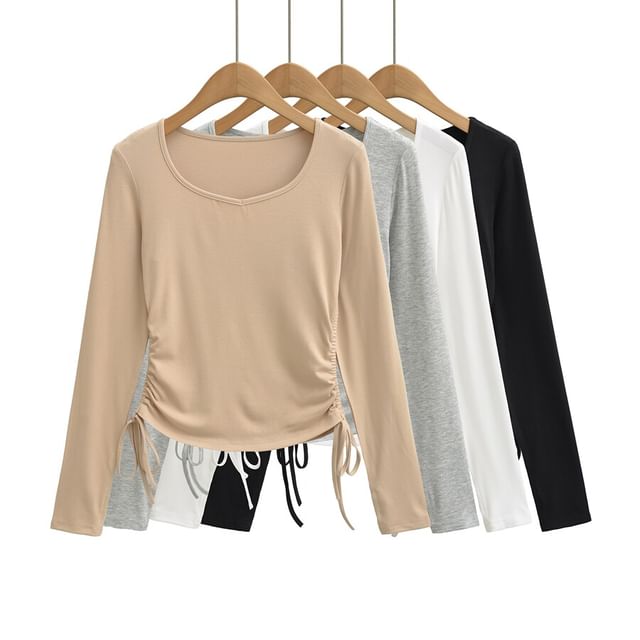 Ulark-Long Sleeve Scoop Neck Plain Drawstring Top