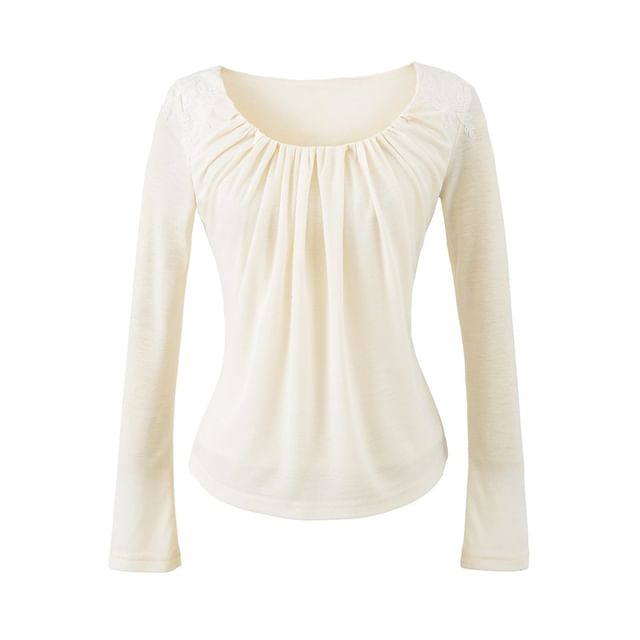 Ulark-Long Sleeve Scoop Neck Plain Gathered Top